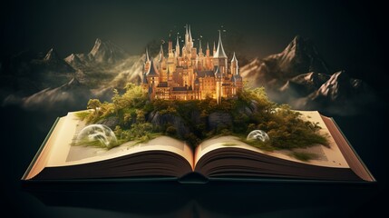 Wall Mural - Enchanting Fantasy: Open Book Reveals Magical World with Castle Illustration - Generative Art