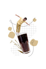 Wall Mural - Vertical collage image of impressed mini guy stand balancing huge soda drink glass isolated on creative beige background