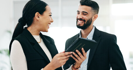 Aufkleber - Teamwork, tablet and business people in office for advice, project management and planning review. Man, woman and happy corporate employees with digital technology for feedback, collaboration or talk