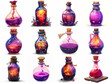 Collection of colorful bottles with magic potion in cosmic style isolated on white background