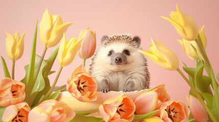 Wall Mural - Hedgehog sits among yellow tulips
