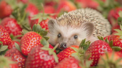 Wall Mural - Hedgehog sits in strawberries
