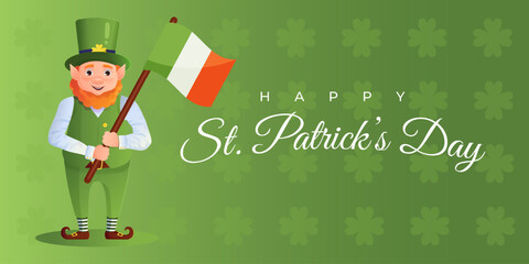 Poster - Happy St. Patricks Day banner with leprechaun with irish flag. Green pattern background with clover leaves. Cartoon style vector illustration.