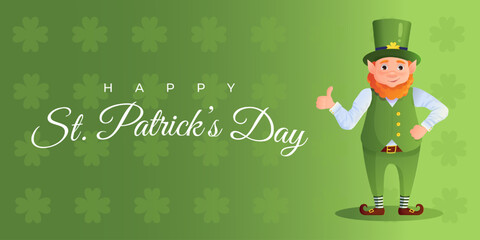 Poster - Happy St. Patricks Day vector banner with leprechaun. Green pattern background with clover leaves. Cartoon style vector illustration.