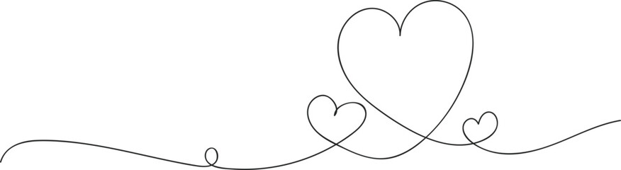 simple calligraphic heart shapes banner in the corner. Line art ribbon. Valentine's Day border on an isolated background., February 14, holiday, abstract, outline, continuous, linear, stroke, cupid