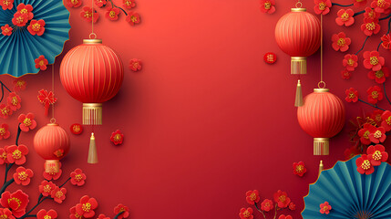Wall Mural - Chines new year poster, Vietnamese Lunar New Year or Tet Holiday, Set of illustrations, Luxury rich background, Chinese New year banner with red lanterns, Fireworks, dragons, copy space, ai generated