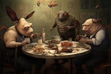 Sticker - Humanoid bugs eating dinner illustration Generative Ai