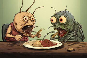 Sticker - Humanoid bugs eating dinner illustration Generative Ai