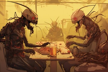 Wall Mural - Humanoid bugs eating dinner illustration Generative Ai