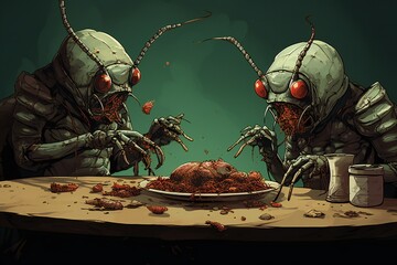 Wall Mural - Humanoid bugs eating dinner illustration Generative Ai