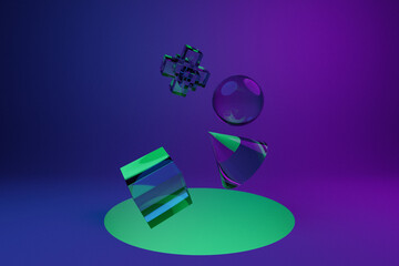 Poster - 3D illustration of colorful volumetric figures flying into portals on a blue background. Fantastic shapes. Simple geometric shapes.