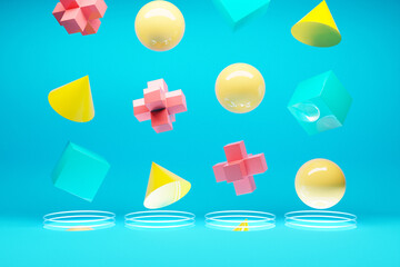 Poster - 3D illustration of colorful volumetric figures flying into portals on a blue background. Fantastic shapes. Simple geometric shapes.