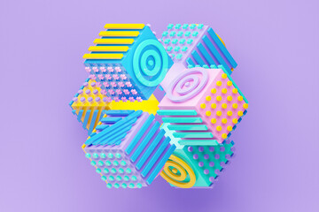 Fototapete - 3D illustration Abstract shape with different geometric patterns on each side on a   blue  background, 3D illustration.