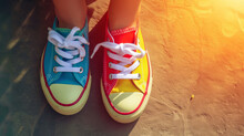 Kid Feet Wearing Colorful Summer Shoes With Sun Rays