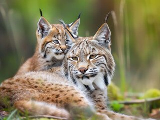 A bobcat mother and her cub resting on the ground in the wild.