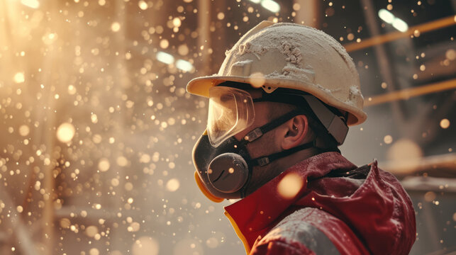 Professional construction worker wearing a high-grade dust mask, surrounded by lot of floating particles