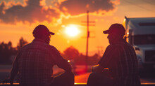 Two Truckers Sitting On A Bench Talking In A Blurry Background