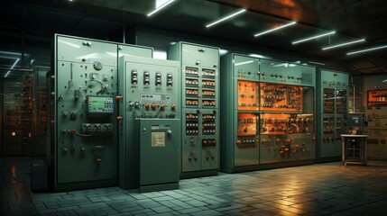 Poster - Efficient industrial production: inside a dynamic machine room with electronic control panels - adobe stock image
