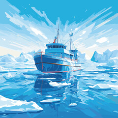 Icebreaker in the ice of the Arctic Ocean. Vector illustration