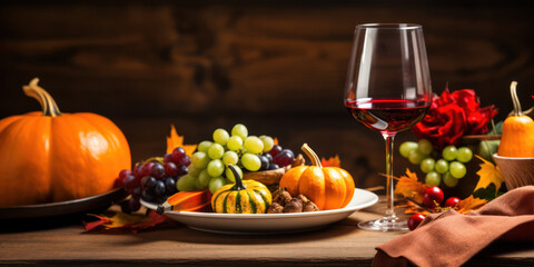 Sticker - Rustic Wine Celebration: Red Wine in Wooden Glass on Table with Grapes, Autumn Vine Background