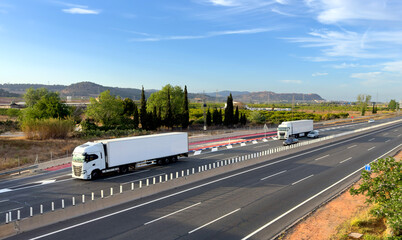 Wall Mural - Freight shipping by truck. Semi truck with Semi-trailer driving along highway. Goods Delivery by roads. Services and Transport logistics. Truck freight and truck shipping. Cargo trucks transportation