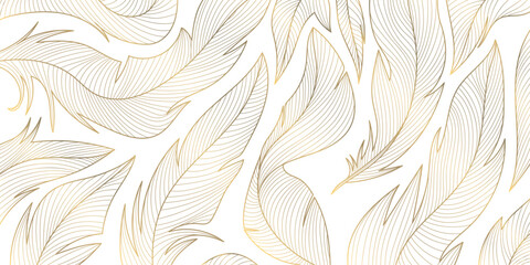 Aufkleber - Vector gold feathers on white pattern, abstract luxury line design wallpaper. Art deco wedding texture, wing angel decoration.