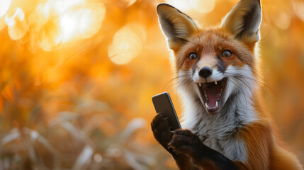 Surprised fox holding a smartphone with a comical expression.