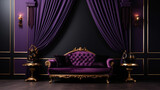 Fototapeta Perspektywa 3d - A room with a purple curtain and a black wall.