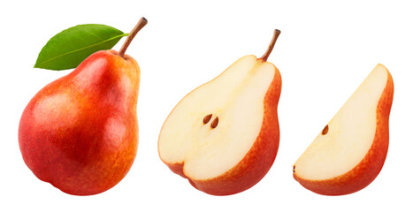 Red pear, half and slice of pear isolated on a transparent background.