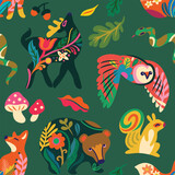 Fototapeta  - Forest animals in folk style, vector graphics