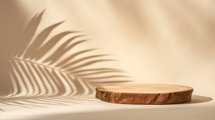 Wall Mural - Wooden podium for product demonstration on pastel beige background. Front view. Minimal empty. Modern studio showcase, product display, 3d stage, front view of table with natural leaves shadows.