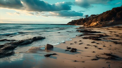 Poster - Serene beach at sunset, golden hour glow, tranquil nature scene with ocean waves and sandy shore. perfect for travel and meditation content. AI