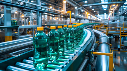 Wall Mural - Conveyor belt, juice in bottles, beverage factory interior in blue color, industrial production line. generative ai