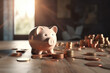A piggy bank on the table with a bunch of coins around it stands in the living room against the background of sunlight.