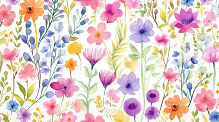 Wall Mural - Watercolor flowers seamless pattern with leaves and floral branches. Hand drawn watercolor floral pattern on a white background.