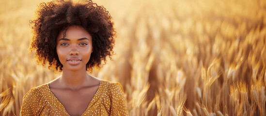 Wall Mural - Banner of the face of an African American woman posing in a wheat field