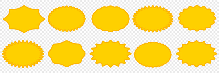 Set of vector sticker icon featuring a yellow star-shaped label for promotions or quality assurance. This versatile design element can be used as a template for your blank designs