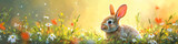 Fototapeta Dziecięca - Watercolor illustration of a cute fluffy rabbit sitting on spring field with wildflowers and grass. Happy Easter. Cartoon character for nursery, baby shower. Background, card, banner with copy space