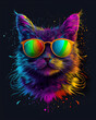 © Bonya Sharp Claw - Portrait of a cat in sunglasses with iridescent fur. Black background. modern print for clothes, t-shirts.