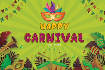 Carnival and festival. Vector illustration of musical and dance celebration, masquerade, party, people, palm and mask. Drawing for poster, background and card