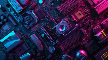 Aufkleber - Futuristic computer motherboard with neon lighting. cyber technology background. hardware, circuits, and computer power concept. tech wallpaper. AI