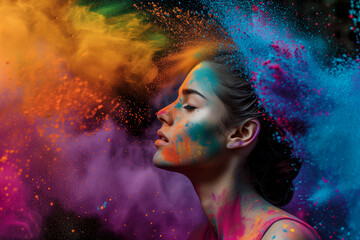  Poster for Indian Holi Festival. Portrait of a woman in the midst of a color powder explosion