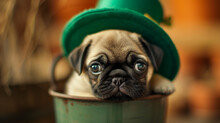 A Small Dog Near A Green Cup In A St. Patrick's Hat