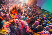 Image Of A Cheerful Man With A Colored Face Celebrating The Festival Of Colors Holi. Man Having Fun With Colorful Paints, Holi Festival