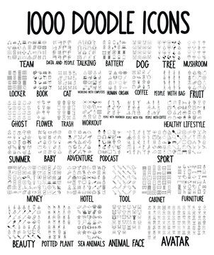 Set of doodles vector icon Team, Talking, Battery, Tree, Mushroom, Book, Fruit, Ghost, Flower, Trash, Workout, Sport, Baby, Adventure, Podcast, Money, Hotel, Tool, Furniture, Beauty, Animal, Avatar