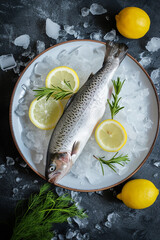 Wall Mural - fresh fish ice lemon top view