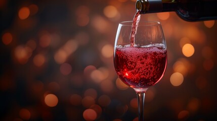 Red wine being poured into a glass, sparkling bubbles and warm bokeh background, symbolizing celebration and fine dining