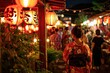 Orient New Year, Japanese Traditional Holiday Festivals with Shrines, Stalls, Lanterns, Yukata Drums
