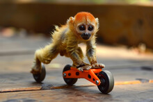 Funny Monkey On Roller Skates. A Monkey Rollerblades On The Street. Photos Of Funny Animals. Active Time. Portrait Of Monkey.