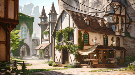 Wall Mural - Medieval Environment Illustration. Beautiful 4K vintage town, vibrant colors. Generative AI